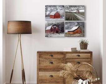 Vintage Barn Landscape Prints - Rustic Red Farmhouse Wall Decor Set