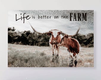 Longhorn Cow & Calf Canvas – Original Photography Rustic Farmhouse Wall Art