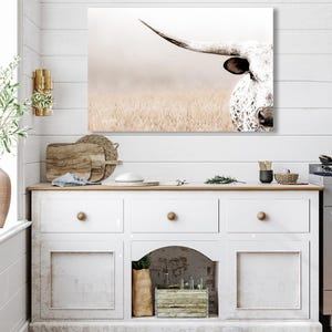Western Luxe Longhorn Art Canvas or Print | Debra Gail Minimalist Ranch Decor | Large Cattle Wall Art image 3