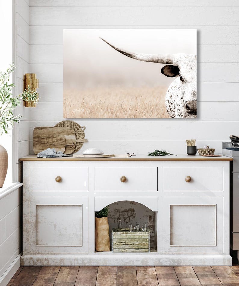 Western Luxe Longhorn Art Canvas or Print | Debra Gail Minimalist Ranch Decor | Large Cattle Wall Art image 3