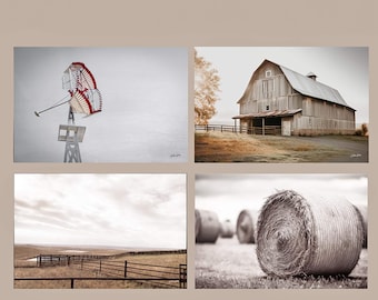 Farmhouse Wall Art Set: Rustic Barn, Windmill, Hay, and Prairie - Neutral Tones