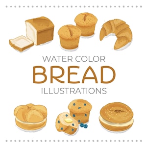 Puede incluir: Ilustraciones de acuarela de diferentes tipos de pan, incluyendo una hogaza de pan, un croissant, un bagel y varios tipos de bollos.