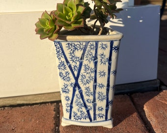 Chic Miniature Blue and White Bamboo-inspired Ceramic Vase - Coastal-Inspired Home Decor Accent