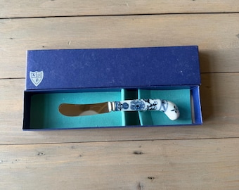Vintage Blue & White Porcelain Butter Spreader Knife | Delft Style Floral Handle | Silver Plate Cheese Knife | Cottage Kitchen Decor