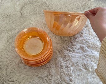 Vintage Fire King Oven Ware Peach/Orange Luster Swirl Mixing Bowl & Matching Berry Bowls