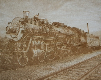 Vintage Steam Locomotive on Wood: Railroad/Train Decor