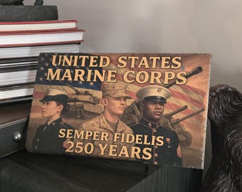 US Marine Corps 250th Anniversary Slate Plaque: USMC Veteran Gift, USMC Birthday, Marine Corps License #541-24