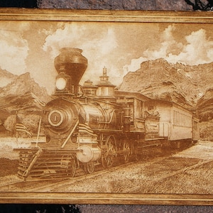 Steam Train moving through a Mountain Pass - Laser Engraved Wall Decor on Baltic Birch (7 x 10 Inches) Awesome Train Lover&#39;s Gift!