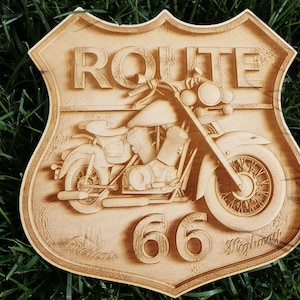 May include: A wooden sign with a vintage motorcycle design. The sign is shaped like a shield and features the text "ROUTE 66 Highway".