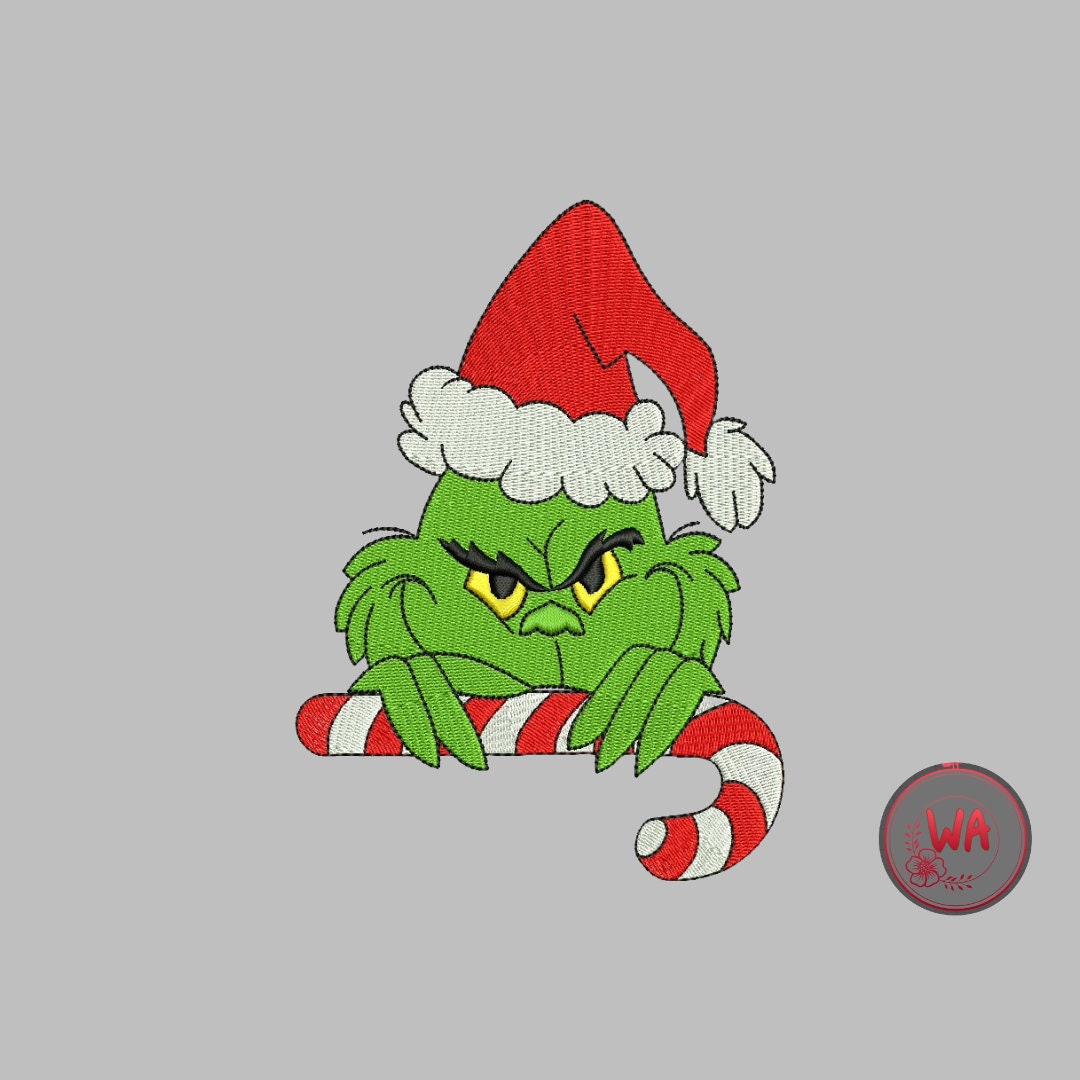 Grinch Embroidery Designs, Grinch With Candy Stick Machine Embroidery