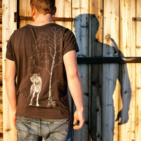 Shy wolf T-shirt hand-painted fairtrade organic Shy wolf handmålad fairtrade ekologisk t-shirt