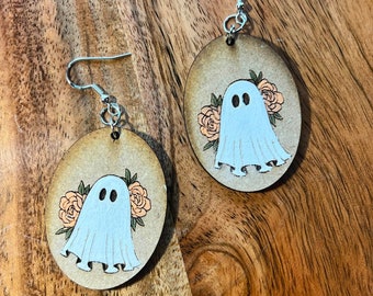 Ghost with Flowers Earrings, Floral Ghost, Handpainted Ghost with Flowers