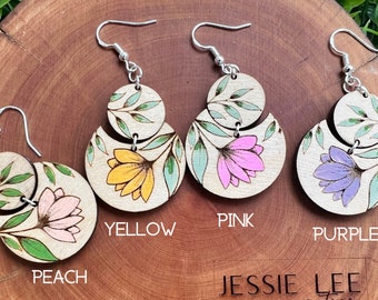 Hand Painted Flower Earrings, Wood Flower earrings, floral earrings,  Vintage flower, handpainted flowers