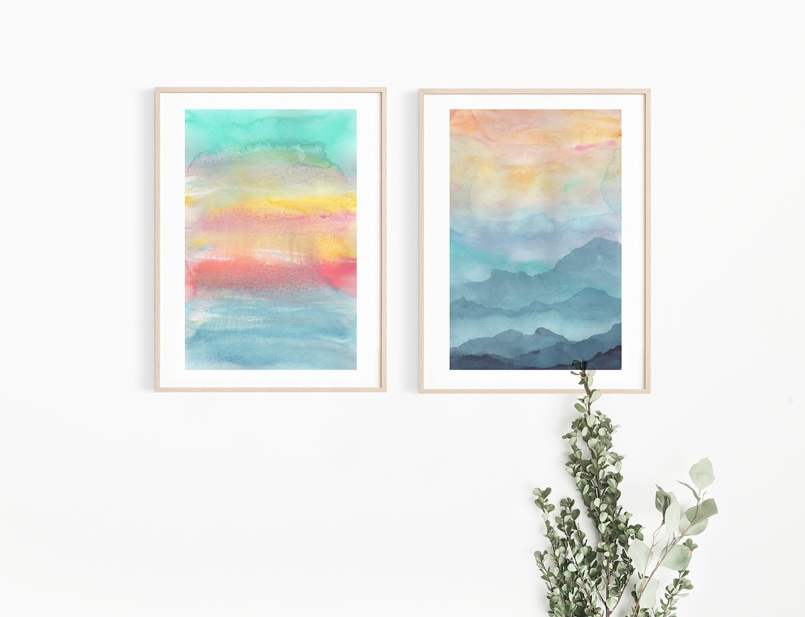 Watercolor Paintings, Set of 2 Minimalist Wall Art Decor, Wall Art Prints, Sunset Watercolour