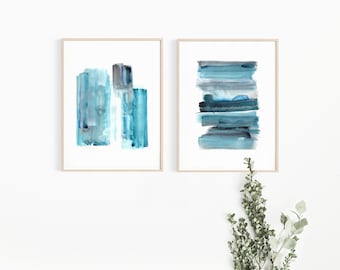 Watercolor Paintings, Set of 2 Minimalist Wall Art Decor, Wall Art Prints, Ocean Blue Abstract Watercolour Printable Art, Digital Download