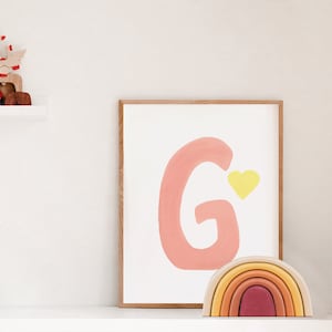 Impresión inicial de acuarela Gouache, arte de pared de guardería, decoración de habitaciones pastel para niños, impresión del nombre de la letra, descarga digital