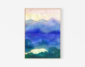 Watercolor Painting, Minimalist Wall Art Decor, Wall Art Prints, Blue Green Landscape Watercolour Printable Art, Digital Download