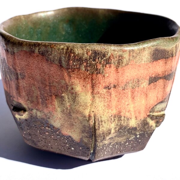 Rustic, Unique, Hand Built, Dark Brown Stoneware Clay Cup (3), Woodgrain Texture, Wabi-Sabi Spirit, Carved Foot, Hand-Stamped by the Artist