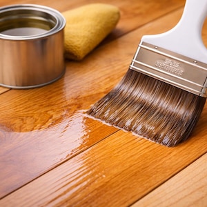 Puede incluir: Primer plano de una superficie de madera barnizada con una brocha. Un bote de barniz met&aacute;lico y un pa&ntilde;o amarillo est&aacute;n en el fondo. El pincel tiene un mango blanco y cerdas marrones.