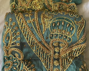 Envoltura de George con cuentas, conjunto de 3 piezas, tela nupcial nigeriana verde mar y dorada, africana, igbo