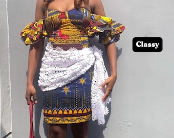 Minivestido nigeriano Ankara hecho a mano: mangas peplum con hombros descubiertos, cintura de encaje y capa africana.