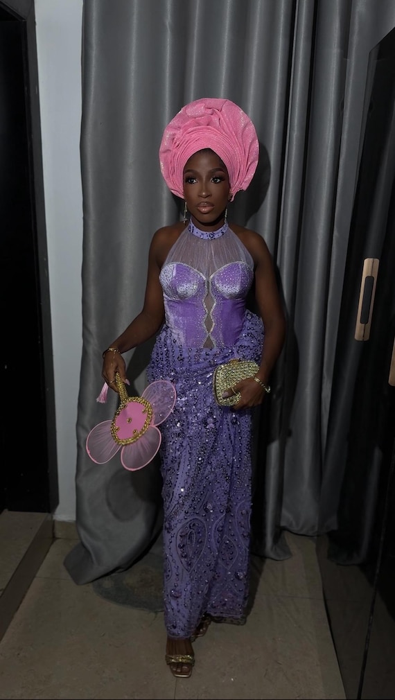 Handmade Nigerian Sequin Lace Dress with Matching Gele, Custom Tailored with Authentic African Lace, Nigerian Prom Dress Handmade Nigerian Sequin Lace Dress with Matching Gele, Custom Tailored with Authentic African Lace, Nigerian Prom Dress