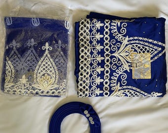 Conjunto de chal George africano bordado: tela estilo igbo, blusa de novia india, gele