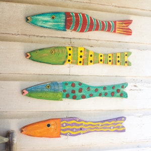 Set of 4 recycled wood folk art fish | Fish Wall Decor | Folk Art