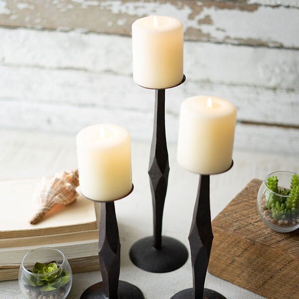 set of 3 hand forged iron candle stands