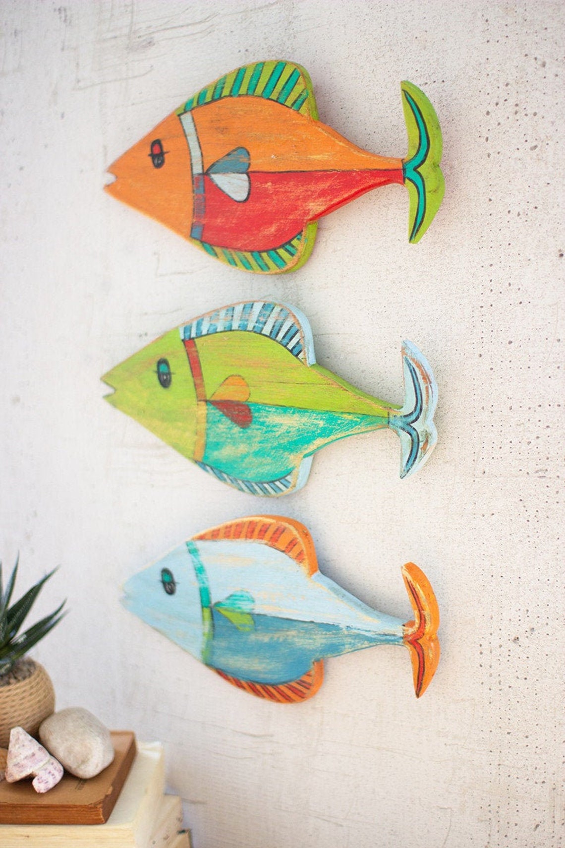 Set of 3 Painted Wooden Fish Wall Hangings Wood Fish Art Etsy