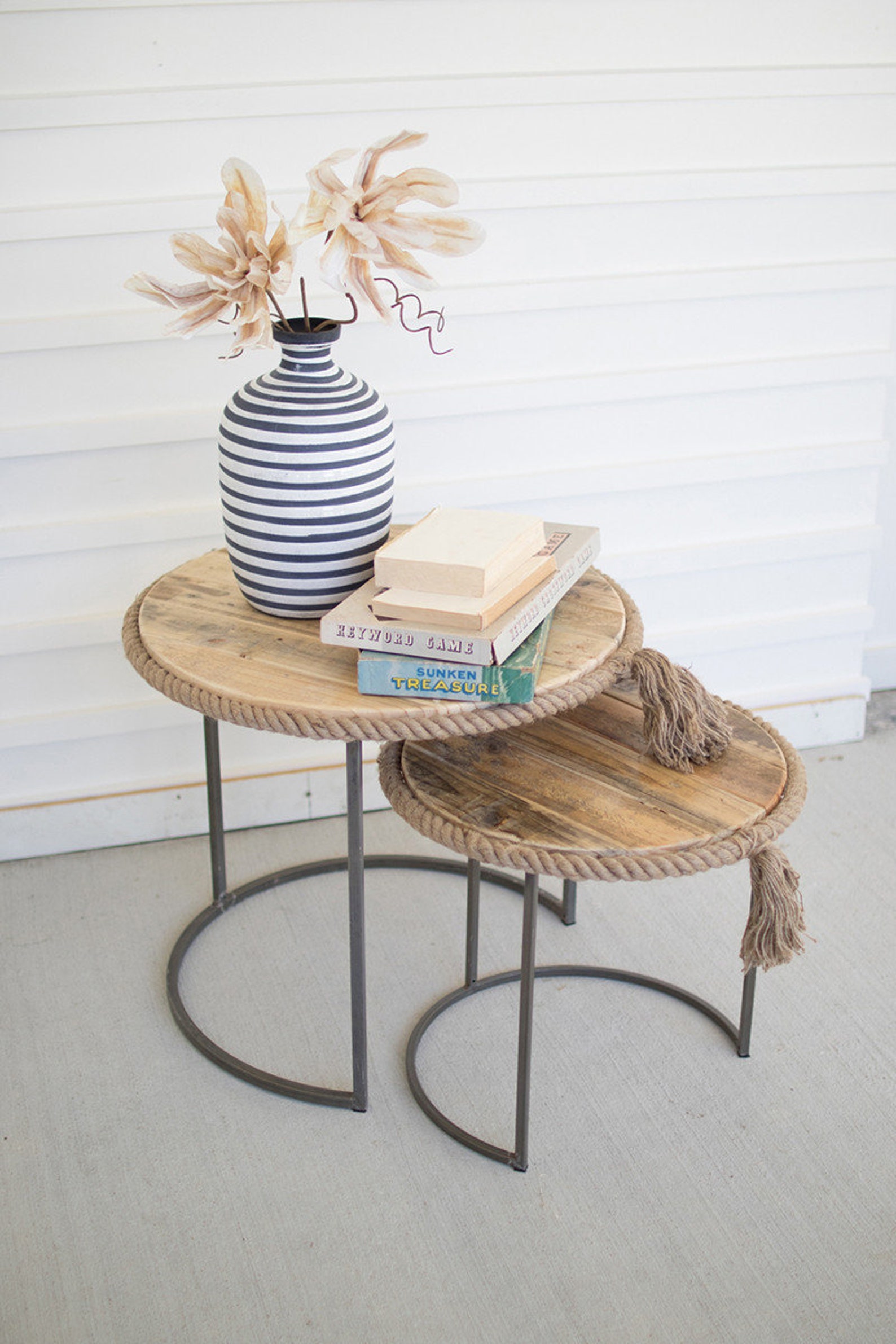 Set of 2 Round Nesting Tables With Recycled Wood With Rope Etsy