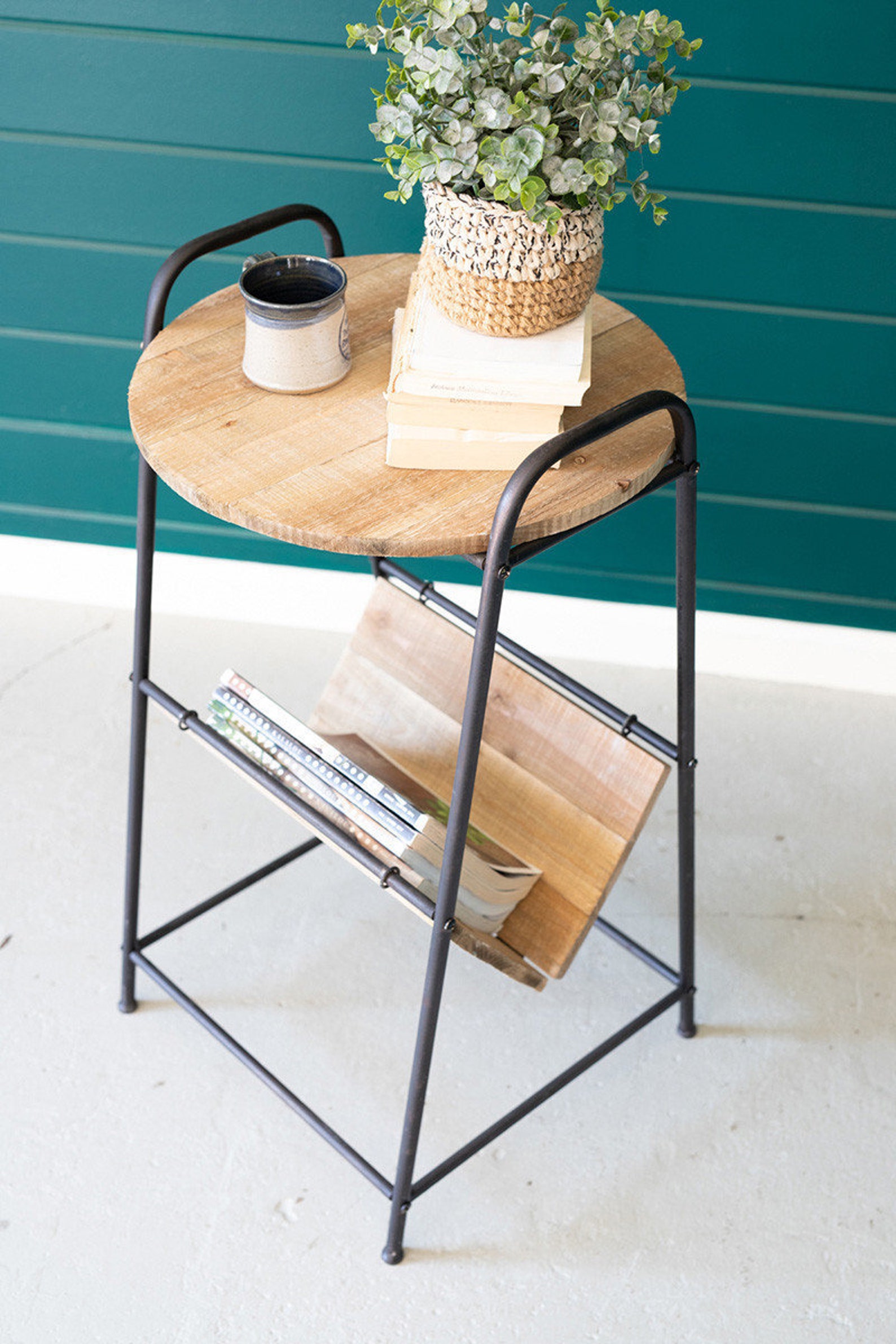 Wood and Rustic Metal Side Table With Magazine Rack Etsy