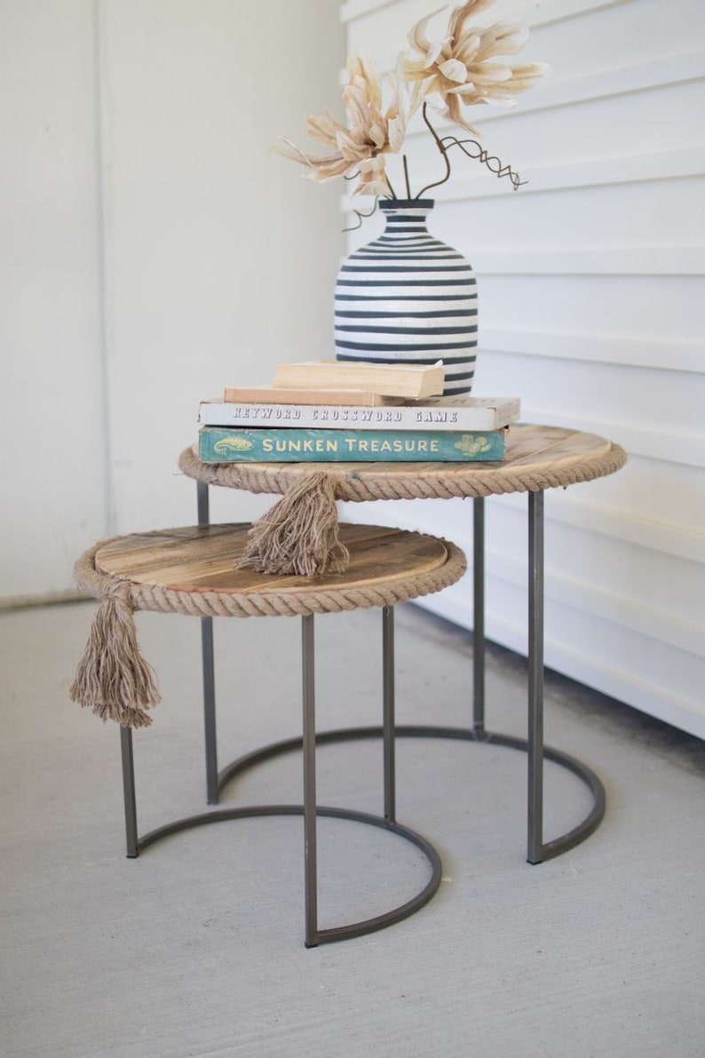 Set of 2 Round Nesting Tables With Recycled Wood With Rope Etsy