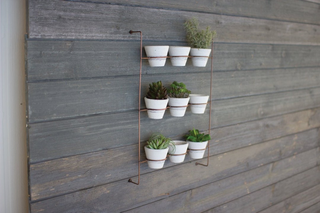 Set of 9 White Wash Clay Pots on Copper Finish Wall Rack Etsy