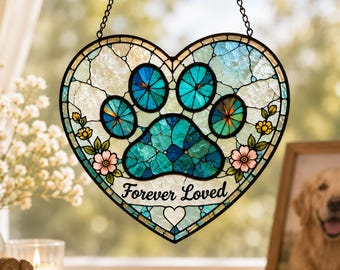 Heart Shaped Pet Memorial Glass Suncatcher, Forever Loved Window Hanging, Dog Loss Sympathy Gift, UV Printed Glass Decor, Paw Print Ornament
