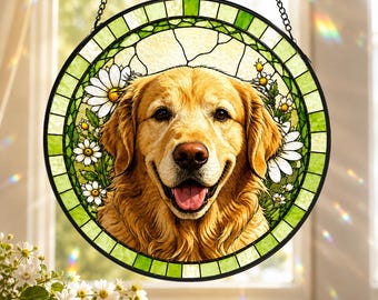 Custom Pet Stained Glass Suncatcher, Personalized Dog Cat Portrait Window Hanging, Memorial Pet Gift for Pet Lovers, Floral Glass Ornament