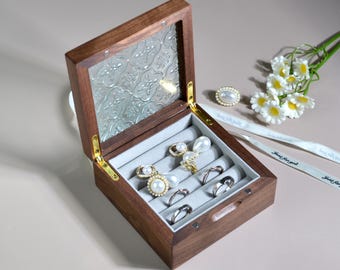 Walnut Glass Covered Jewelry Box, Small Wooden Jewelry Organizer, Wooden Women's Earring Ring Organizer, Gift for Her, Christmas Gifts