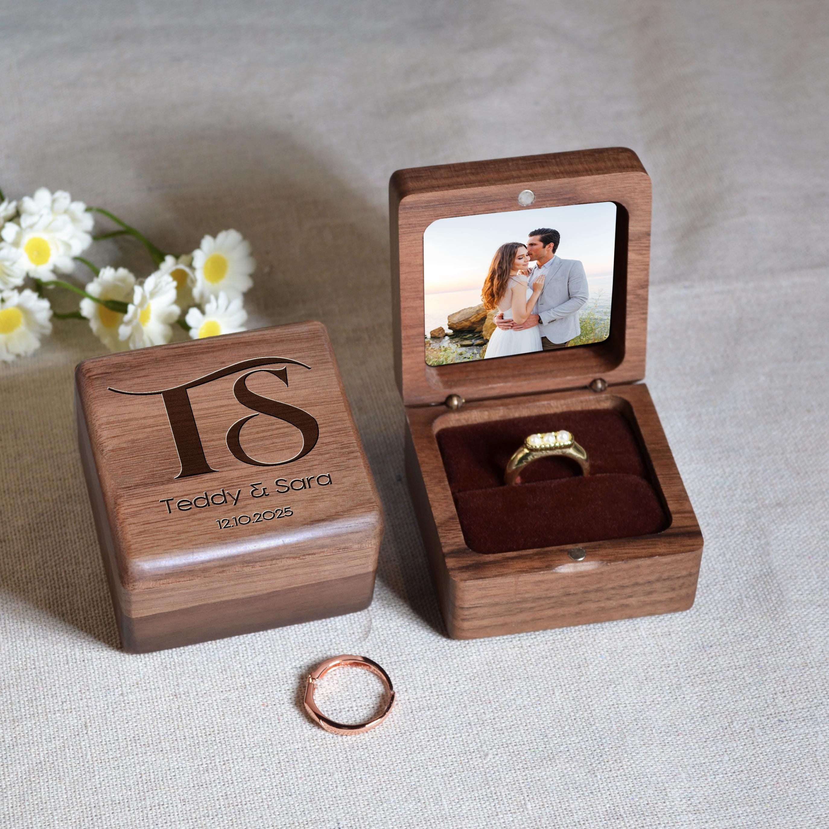 Photo Frame Ring Box Custom Wedding Ring Box, Wood Ring Box With Photos, Engagement Ring Box ...
