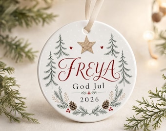 Minimal Scandinavian Christmas Scandi Holiday Ceramic Ornament, Personalized Round Keepsake, Seasonal Home Gift Decor
