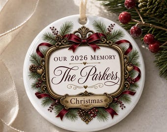 Family Photo Frame Christmas Holiday Ceramic Ornament, Personalized Round Keepsake, Seasonal Home Gift Decor