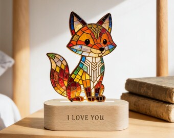 Stained Glass Style Acrylic Fox Decor | Personalized Wooden Base Tabletop Figurine