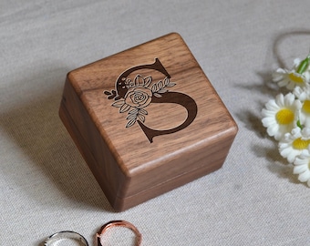 Custom Floral Alphabet Ring Box, Wood Ring Box With Photos, Engagement Ring Box, Ring Bearer Ring Box, Ring Box Holder, Proposal Ring Box