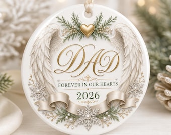 Angel Wing Memorial Christmas Holiday Ceramic Ornament, Personalized Round Keepsake, Seasonal Home Gift Decor