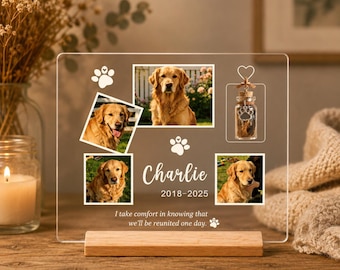 Personalized Pet Memorial Plaque with Keepsake Jar, Custom Dog Memorial Gift with Photos, Acrylic Pet Loss Keepsake with Wooden Base