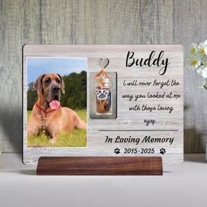 Może przedstawiać: Drewniana ramka pamiątkowa ze zdjęciem psa rasy dog niemiecki, małą szklaną fiolką i imieniem "Buddy". Tekst brzmi: "Nigdy nie zapomnę, jak na mnie patrzyłeś tymi kochającymi oczami. In Loving Memory 2015-2025."