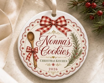 Nonna Recipe Christmas Kitchen Holiday Ceramic Ornament, Personalized Round Keepsake, Seasonal Home Gift Decor