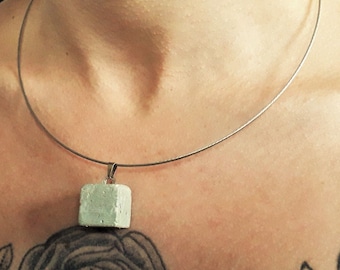 Concrete Cube Necklace. Minimalist Jewelry. Silver or Black Stainless Steel Choker. Geometric Pendant. Perfect Gift