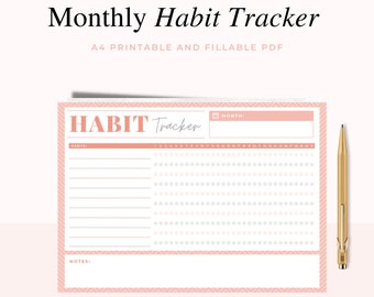 Monthly Habit Tracker Printable Landscape, Habit Tracker Template, Routine Tracker, 30 Day Habit Challenge, A4, Instant Download, PDF