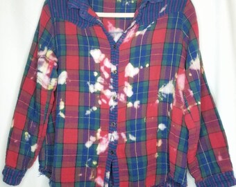 Upcycled Umgee Red and Blue Bleached Splatter Tie Dye Flannel