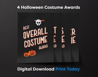 Puede incluir: Cuatro premios de disfraces de Halloween en tarjetas negras. Los premios incluyen el "Best Overall Costume Award" con gráficos de calabazas. También se ve el texto "Digital Download Print Today".